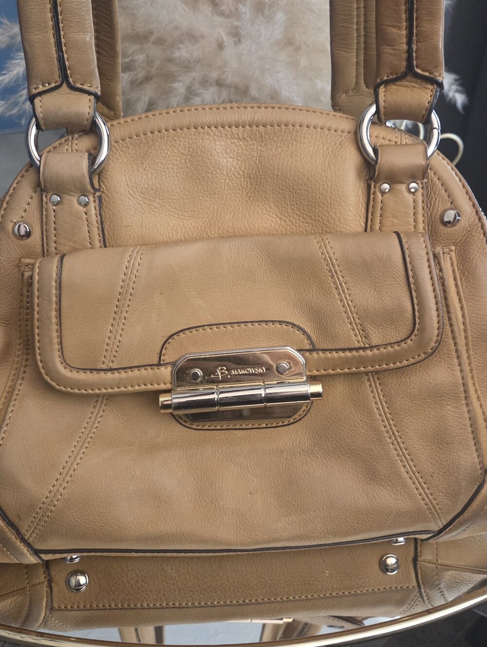 B. Makowsky Genuine Leather Satchel Tan Brown Shoulder Bag w/ Dust Bag - Picture 4 of 17